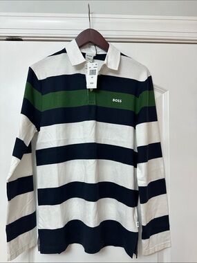 BOSS Men's Navy, White & Green Striped Rugby Polo